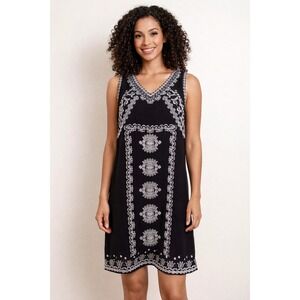THML Black White Embroidered V-Neck Shift Dress Large